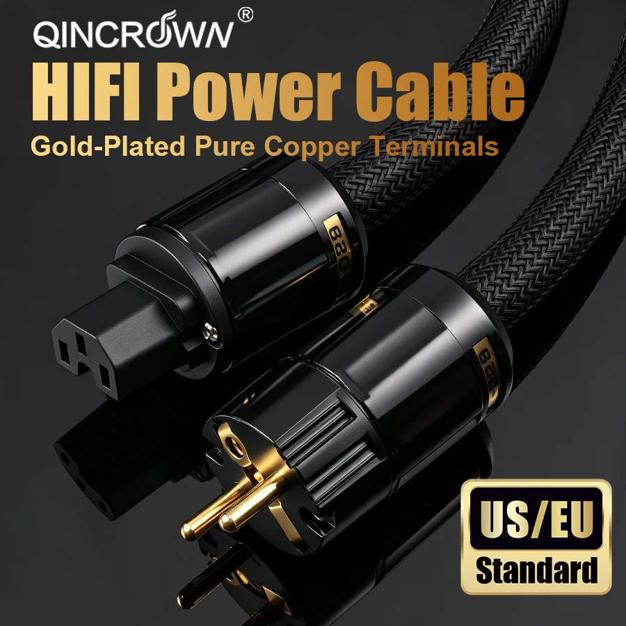 QINCROWN 6N OFC Audio Power Cord, US/EU Plug 24K Gold-Plated HiFi for Amp DAC Preamp Home Audio Gear