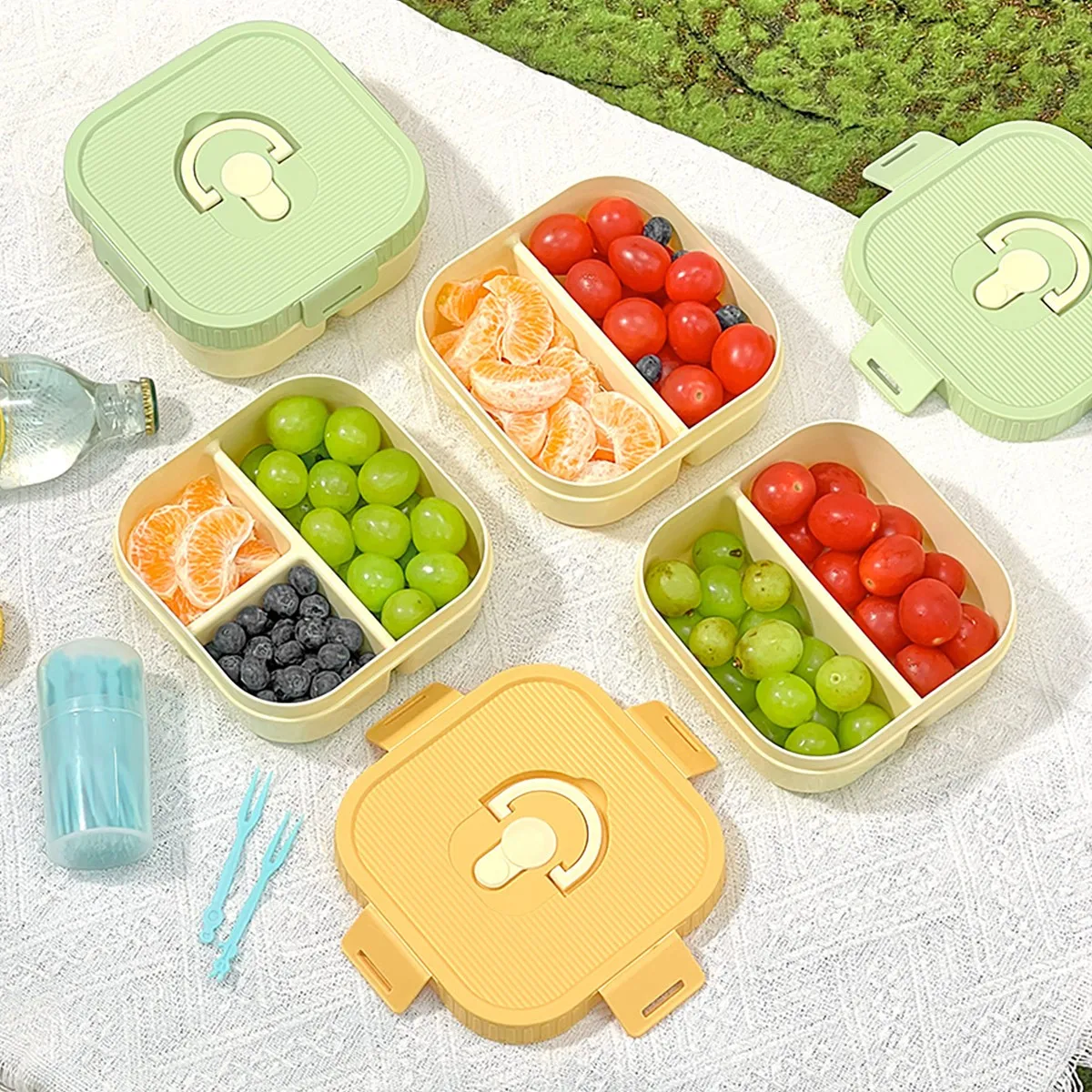 

2/3 Grids Portable Plastic Lunch Box With Handle Microwave Safe Square Leak-proof Divided Lunch Container For Picnic School