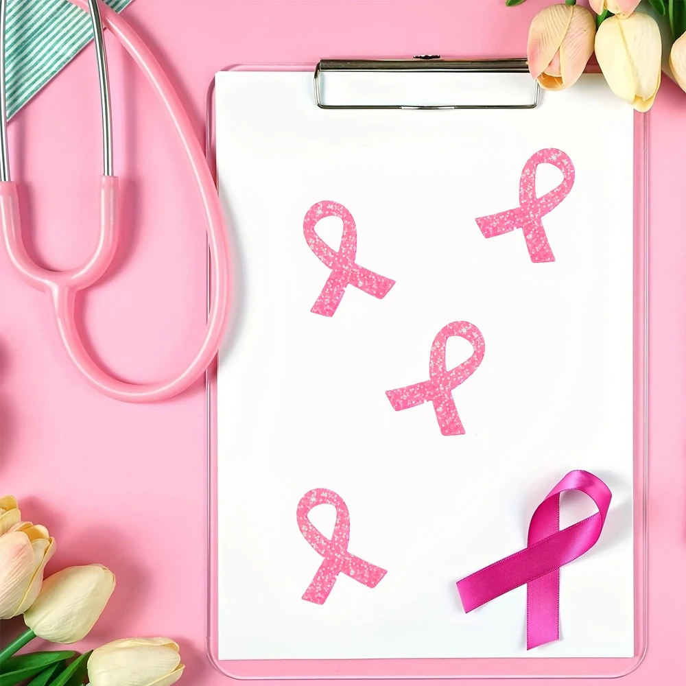 50 pcs Glitter Pink Ribbon Awareness Stickers, Breast Cancer Support Self Adhesive Decals for Charity Party.