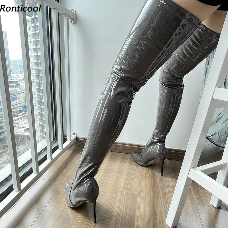 

Ronticool Real Photos Women Spring Stretch Thigh Boots Stiletto Heels Pointed Toe Grey Cosplay Shoes Us Size 5-15