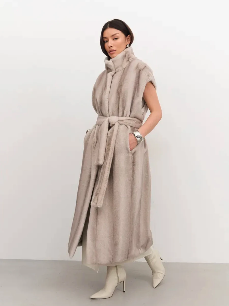Women Winter Faux Fur Vest 2026 Warm Belted Long Plush Jacket Sleeveless High Collar Outerwear Elegant Coat