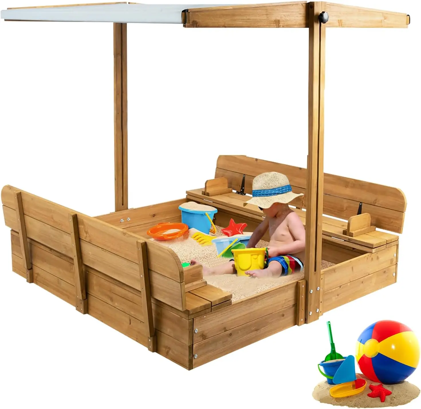 Wooden Sandbox with Lid, Kids Sandbox with Canopy Outdoor, Sandboxes with Covers Foldable Bench Seats for Backyard, UV-Resistant