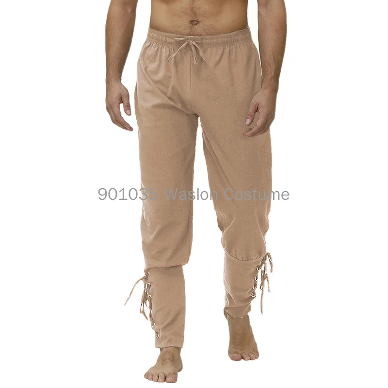 Adult Men Medieval Renaissance Lounge Pirate Horseman Costume Loose Pants Black Brown Navigator Leg Bandage Trouser