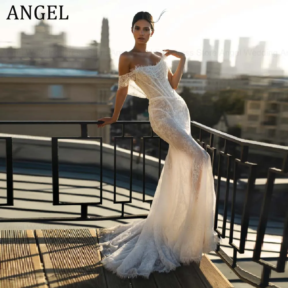 Anjo personalizado luxuoso pérola renda vestido de casamento fora do ombro sereia sexy vestidos de noiva novia festa vestidos de noite
