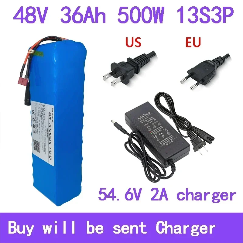 48V 36000mAh 500w 13S3P T plug 18650 Lithium ion Battery Pack 36Ah For 54.6v E-bike Electric bicycle Scooter with BMS+2A Charger