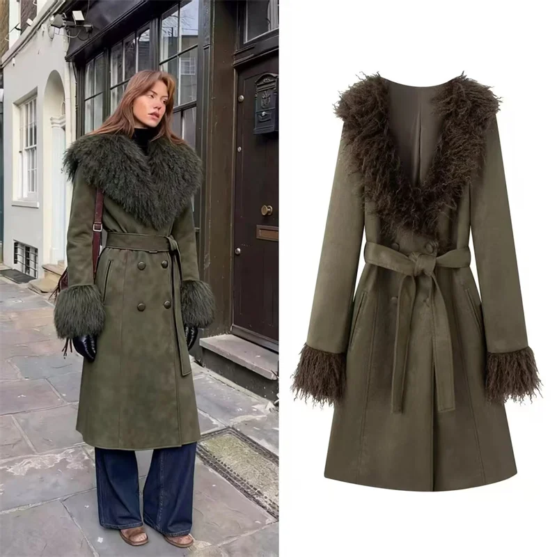 

Женское пальто 2026, весеннее новое поступление, зеленое пальто в стиле милитари с длинными рукавами и отделкой из искусственного меха с поясом, двубортное пальто из искусственной кожи