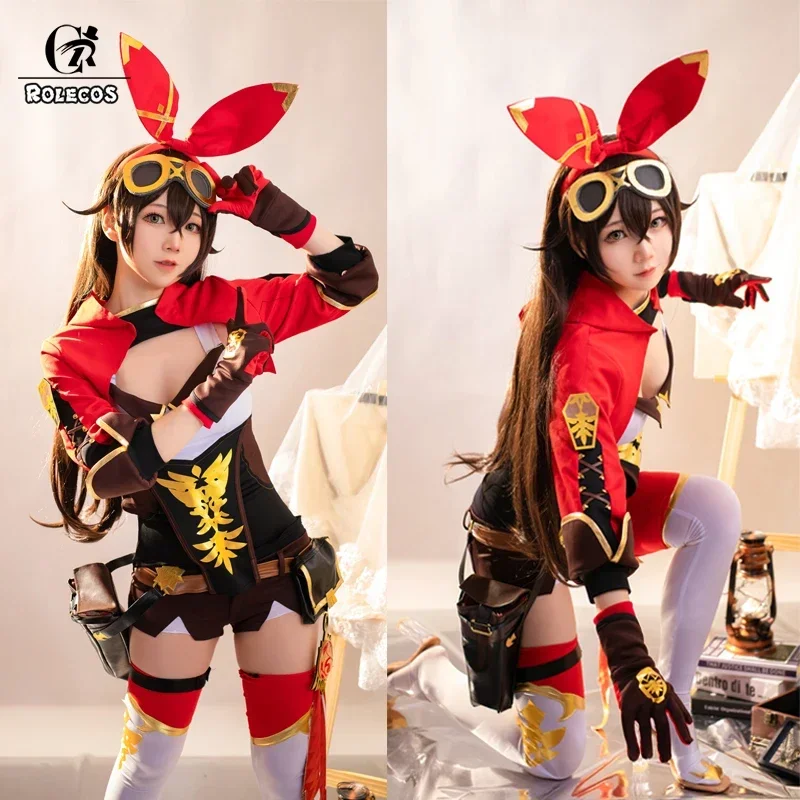 ROLECOS-Fato de jogo Genshin Impact para mulher, traje Amber Cosplay, top e calça vermelha completa de Halloween, uniforme completo