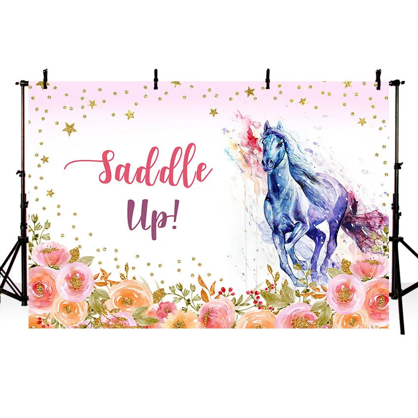Mehofond-안장 위 서양 카우걸 사진 배경, 생일 파티 장식, 별 반짝이 꽃 말 사진 배경 스튜디오