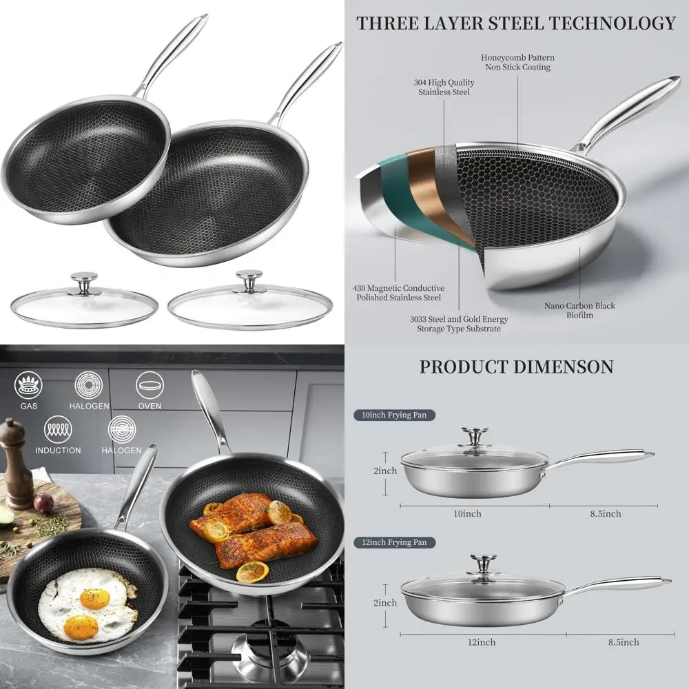 

Nonstick Honeycomb Coating Stainless Steel Frying Pan Set, 10 and 12 Inch Skillet Set with Cool Handle, Ideal for Cooking and Ba