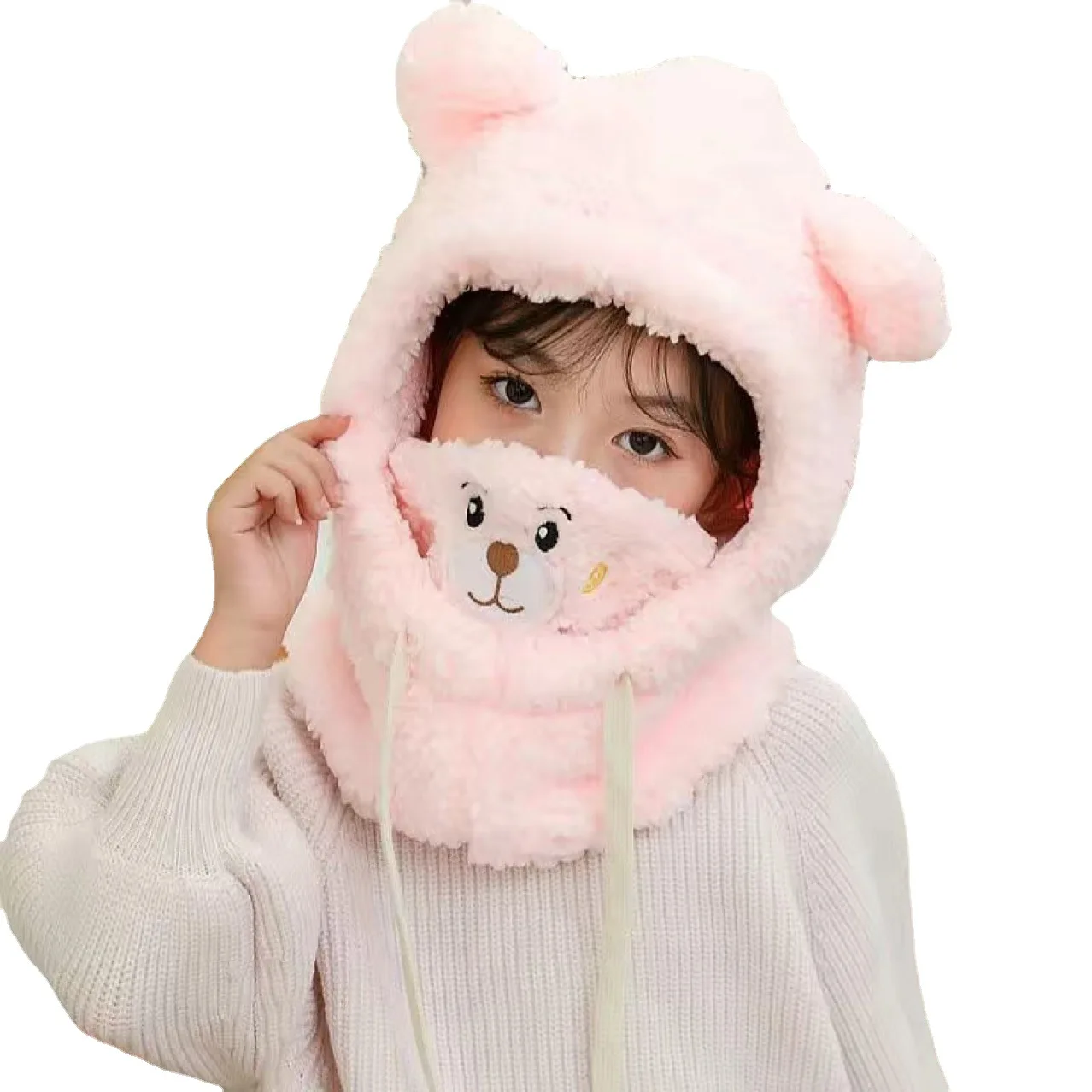 Children\'s Bear Hat Winter Warm Windproof Ear Protection Hat Mask Neck Scarf Male and Female Baby Plush Hat Parent-child
