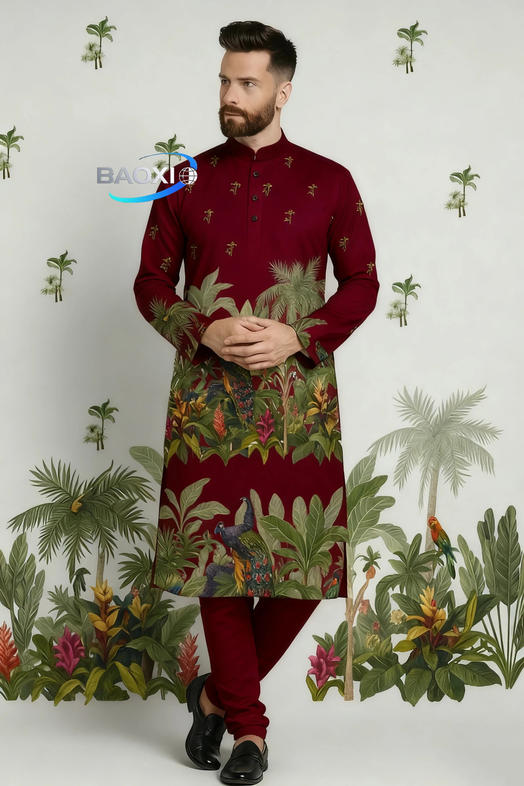 Męska kurta z nadrukiem cyfrowym, krój regularny, kołnierzyk mandaryński, długa, odpowiednia na wszystkie okazje, takie jak wesela, Hari Raya, Aidilfitri.