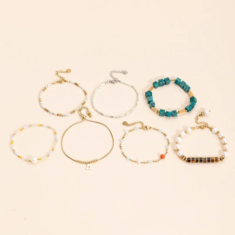 Boho Natural Stone Pearl Beaded Bracelet for Women, Gold Silver Plated Stackable Handmade Beach Daily Jewelry