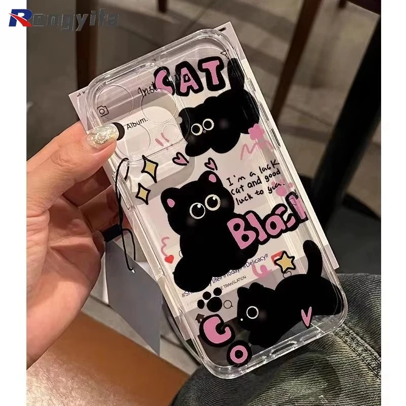 

For Vivo IQOO 13 12 11 10 9 8 Pro Z9 Turbo Z9X Neo 9 8 Pro 7 6 5 SE Lite 5S Phone Case Cute Cartoon Black Cat Clear Soft Cover