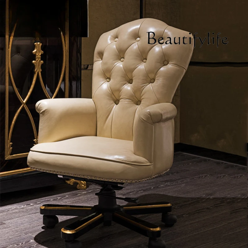 

Light luxury European solid wood leather sofa chair neoclassical office chair high-end casual armrest designer