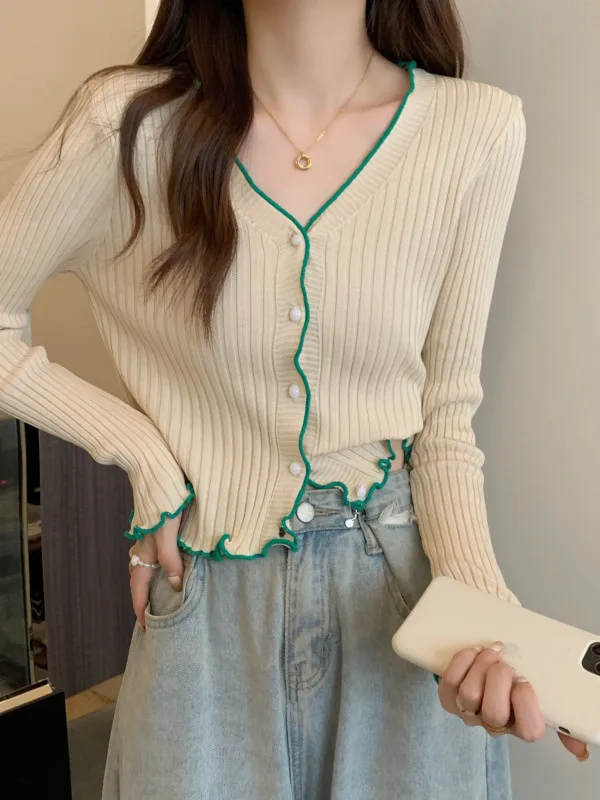 

V-Neck Long Sleeve Knitted Short Cardigan Women's Slim Fit Base Shirt Thin Sweater Spring Outerwear Wooden Design