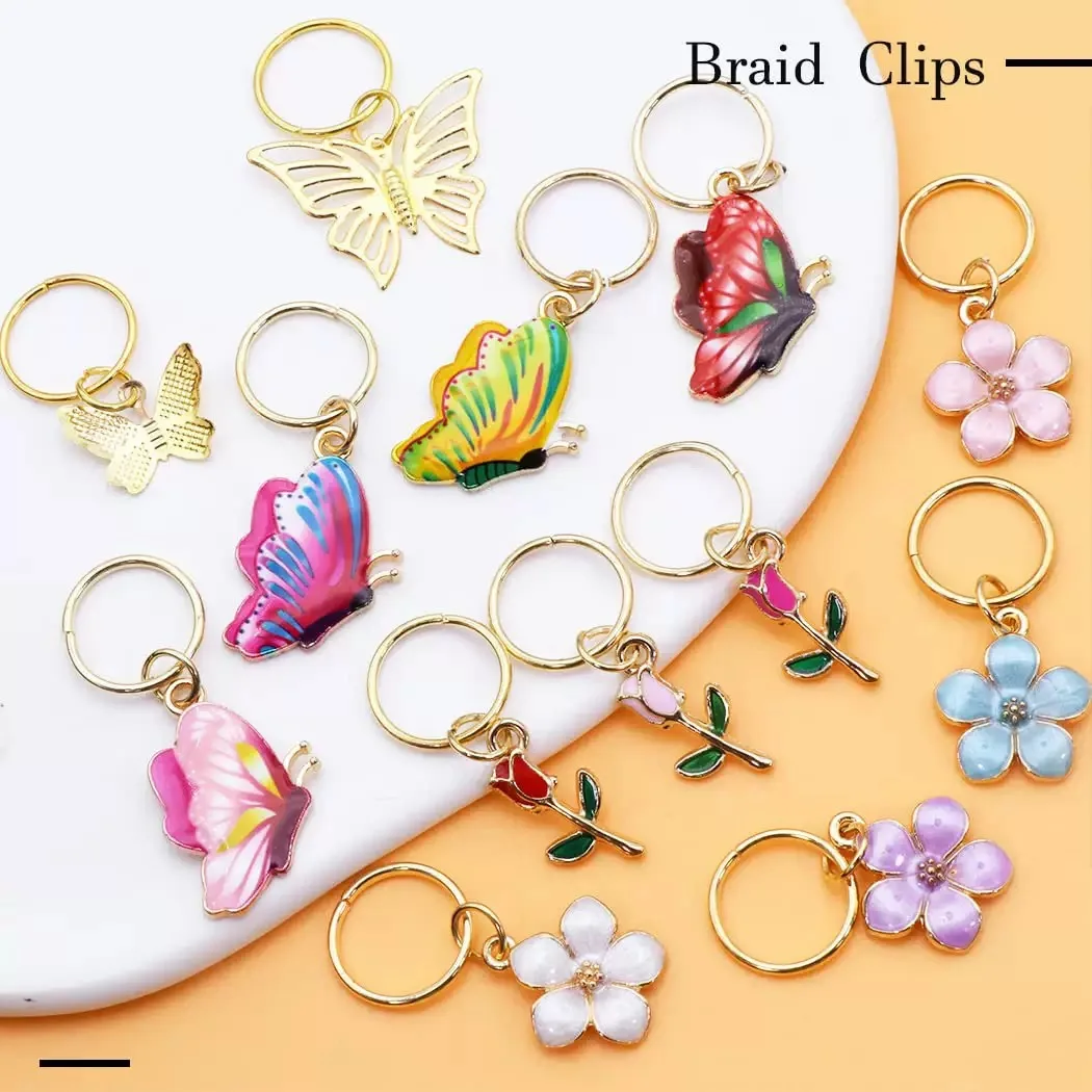 24-teiliges Set mit Blumen- und Schmetterlings-Haarschmuck-Anhängern, Haarspangen und Haarringen, bunte Blumen, schillernde Schmetterlinge – Detail 5