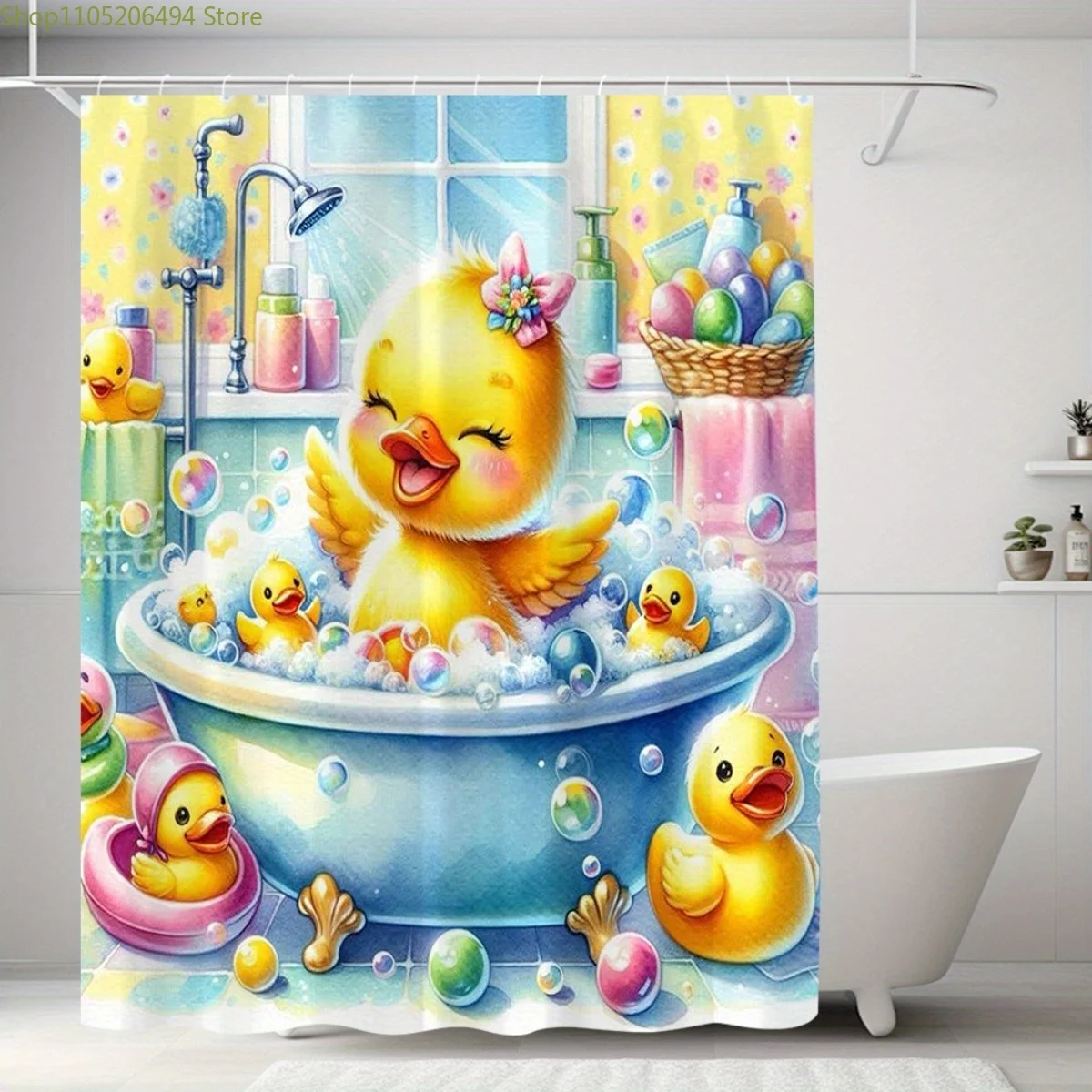 Cute Duck in Bath Pattern Shower Curtain, Digital Printed Shower Curtain, No Drilling Bathroom Partition Curtain, Suitable for