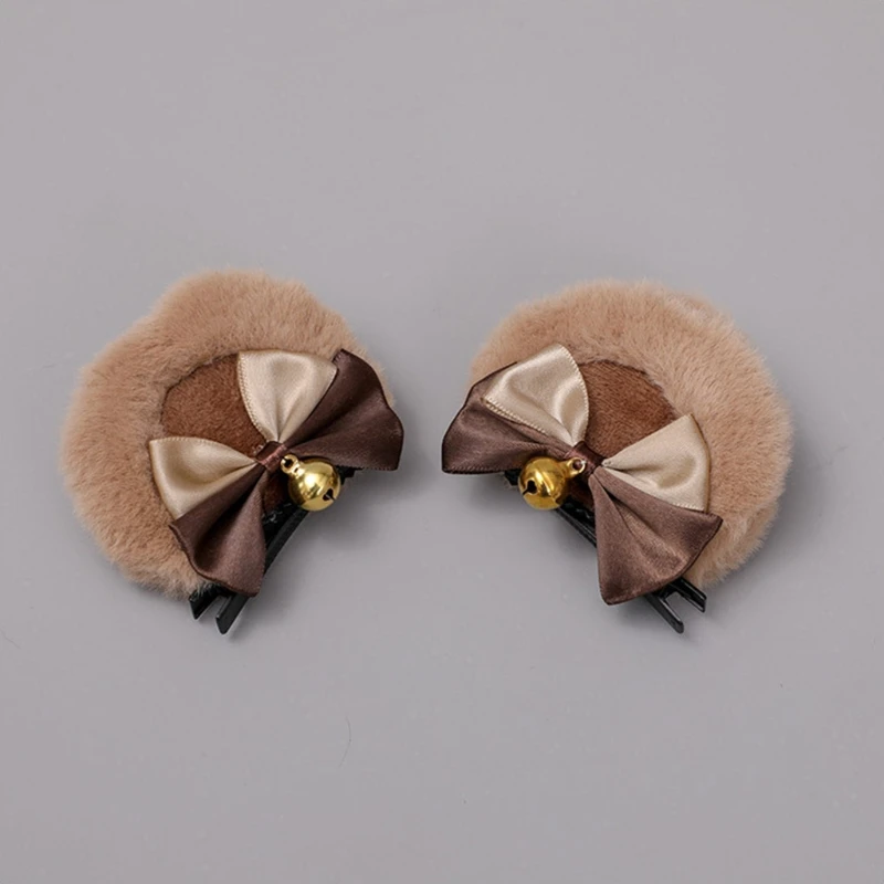 Handmade Faux Fur Round Bear Ears Hair Clip Sweet Double Bowknot Plush Animal Hairpins Anime Cosplay Hair