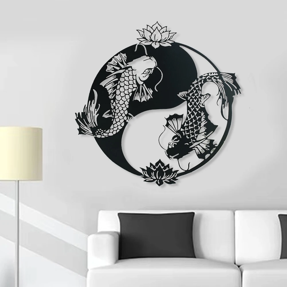 Yin Yang Feng Shui Wall Hanging Decor Lucky Koi Fish Lotus Iron Artwork Yoga Meditation Room Altar Wall Sculpture Silhouette