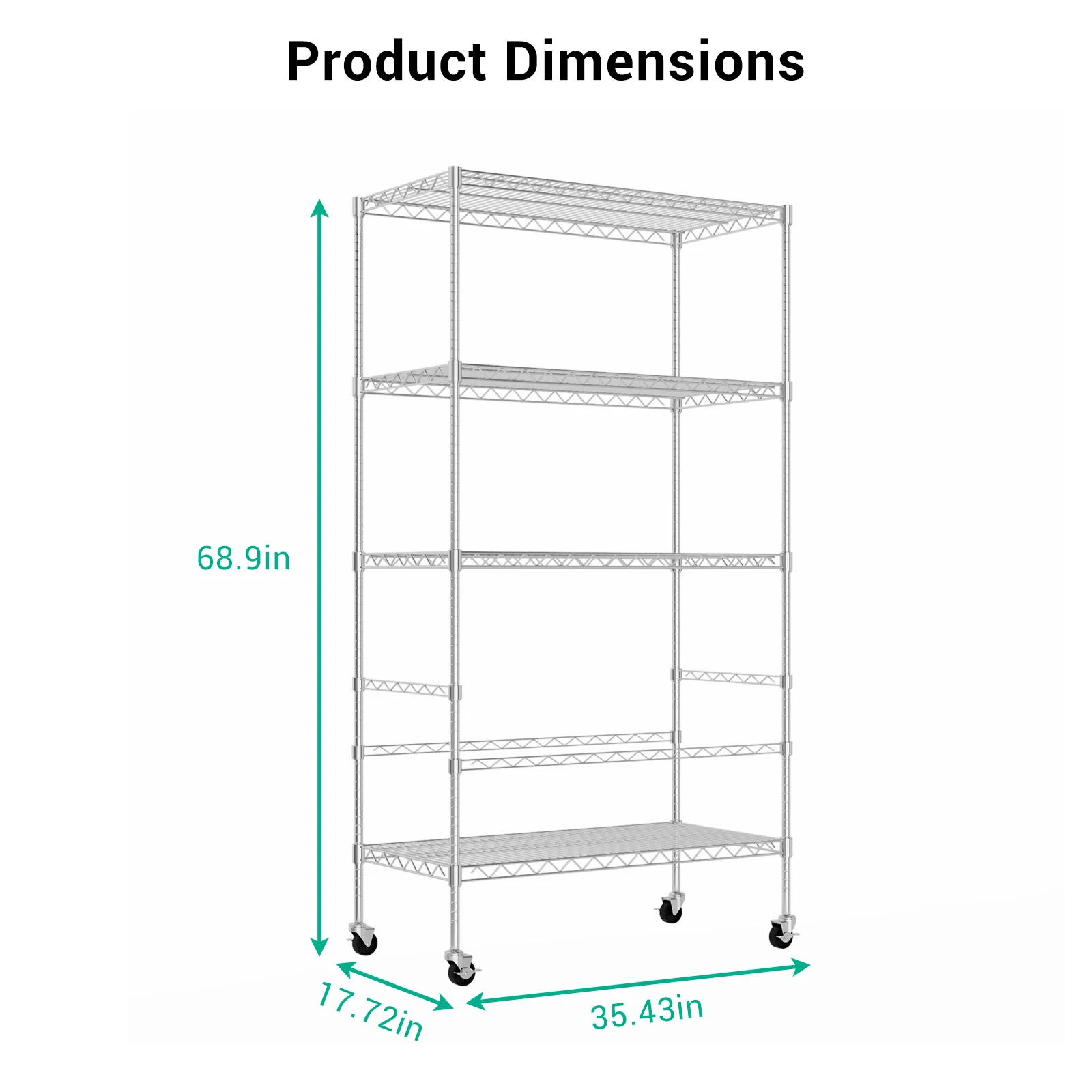 4 Tier Shelving Unit with Wheels Adjustable Storage Shelf Rolling Utility Cart Metal Organizer Rack Kitchen Rack for Pantry