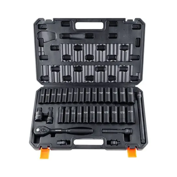 

VEVOR 1/2' Drive Impact Socket Set, 33 Piece Socket Set SAE 3/8'-1' and Metric 10-24mm, 6 Point Cr-V Alloy Steel for Auto Repair