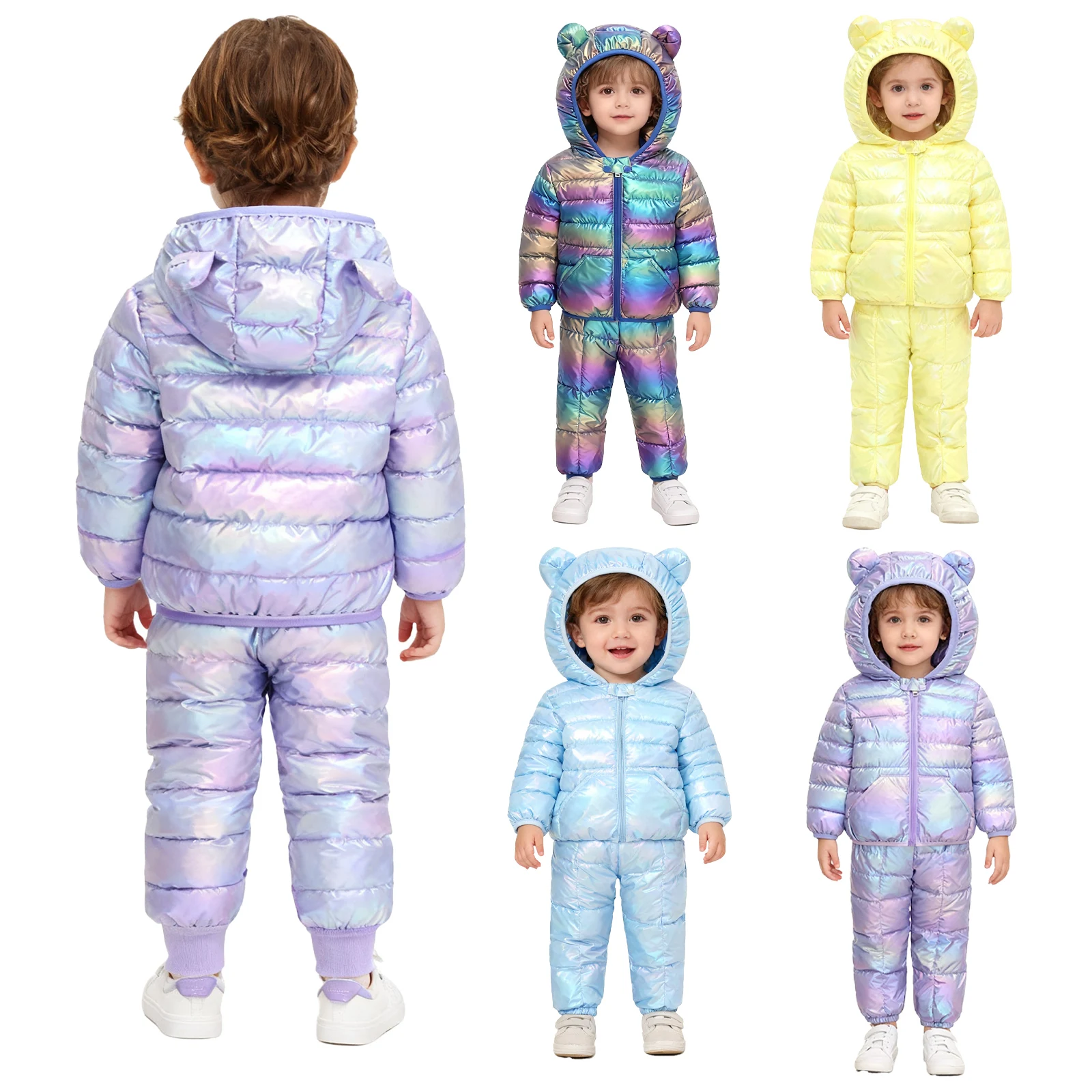 الأطفال طفل معدني سنوسويت مبطن بدلة تزلج بنين بنات ملابس الشتاء موضة كم طويل آذان الدب مقنعين سترة + السراويل #5