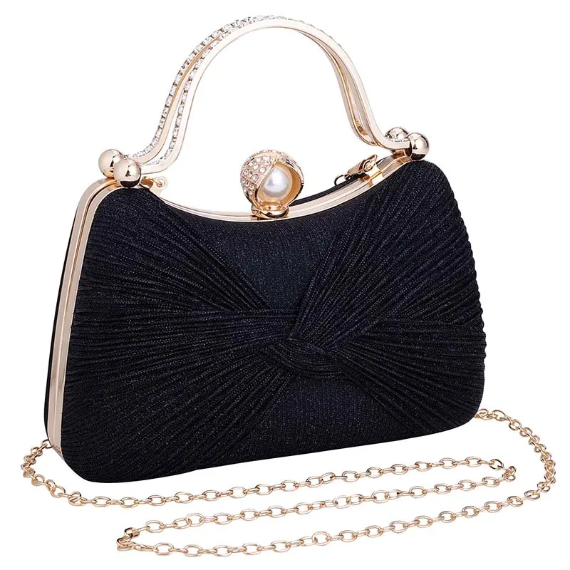 Fashion Sequins Pleated Evening Party Handbags for Women Diamond Pearl Clutches with Metal Rhinestone Top Handle Shoulder Bags