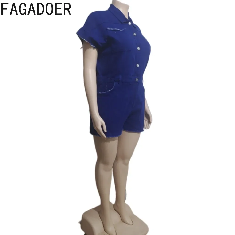 FAGADOER Dark Blue Casual Jean Bodycon Rompers Women Turndown Collar Button Short Sleeve Slim Denim Jumpsuits Fashion Overalls