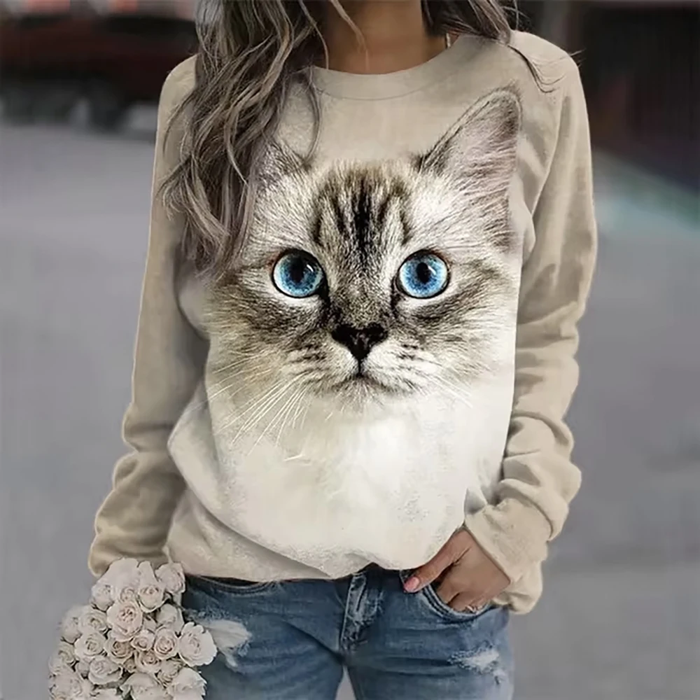 

Women's Crew Neck Hoodie Sweatshirt Cat Graphic 3D Print Daily Basic Casual Long Sleeve Tops Gray Brown White Unisex Clothing