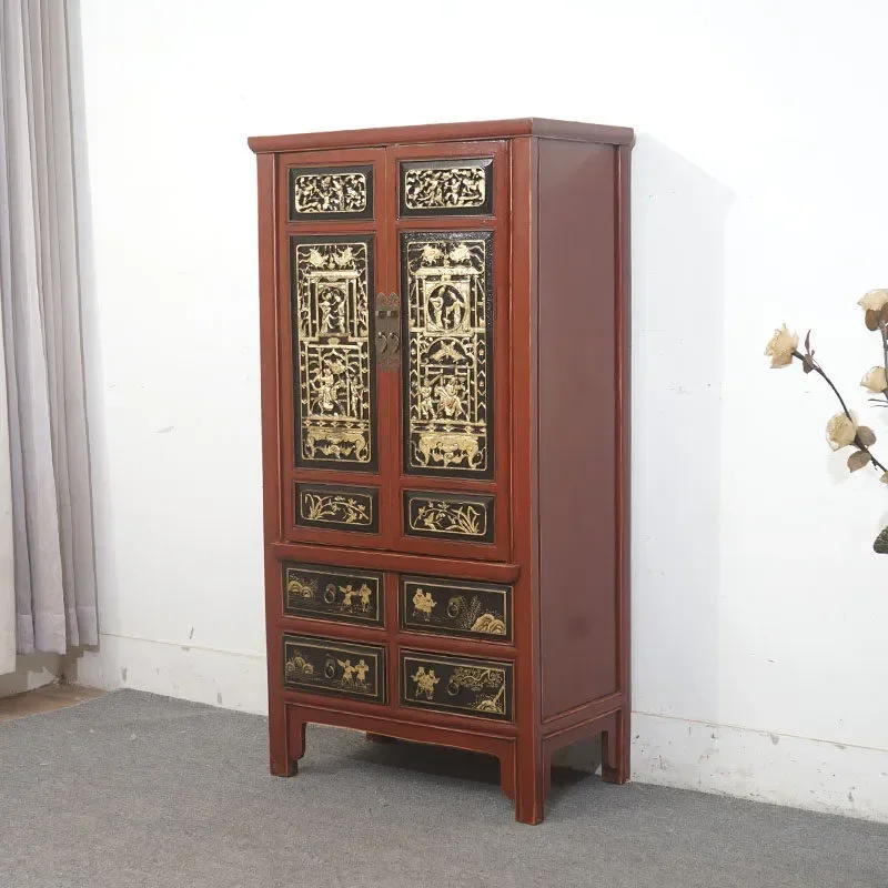Chinese Style Solid Wood Carved Flower Two Door Storage Cabinet Retro Shoe Bookcase Hand Painted Decorative Wardrobe Antique