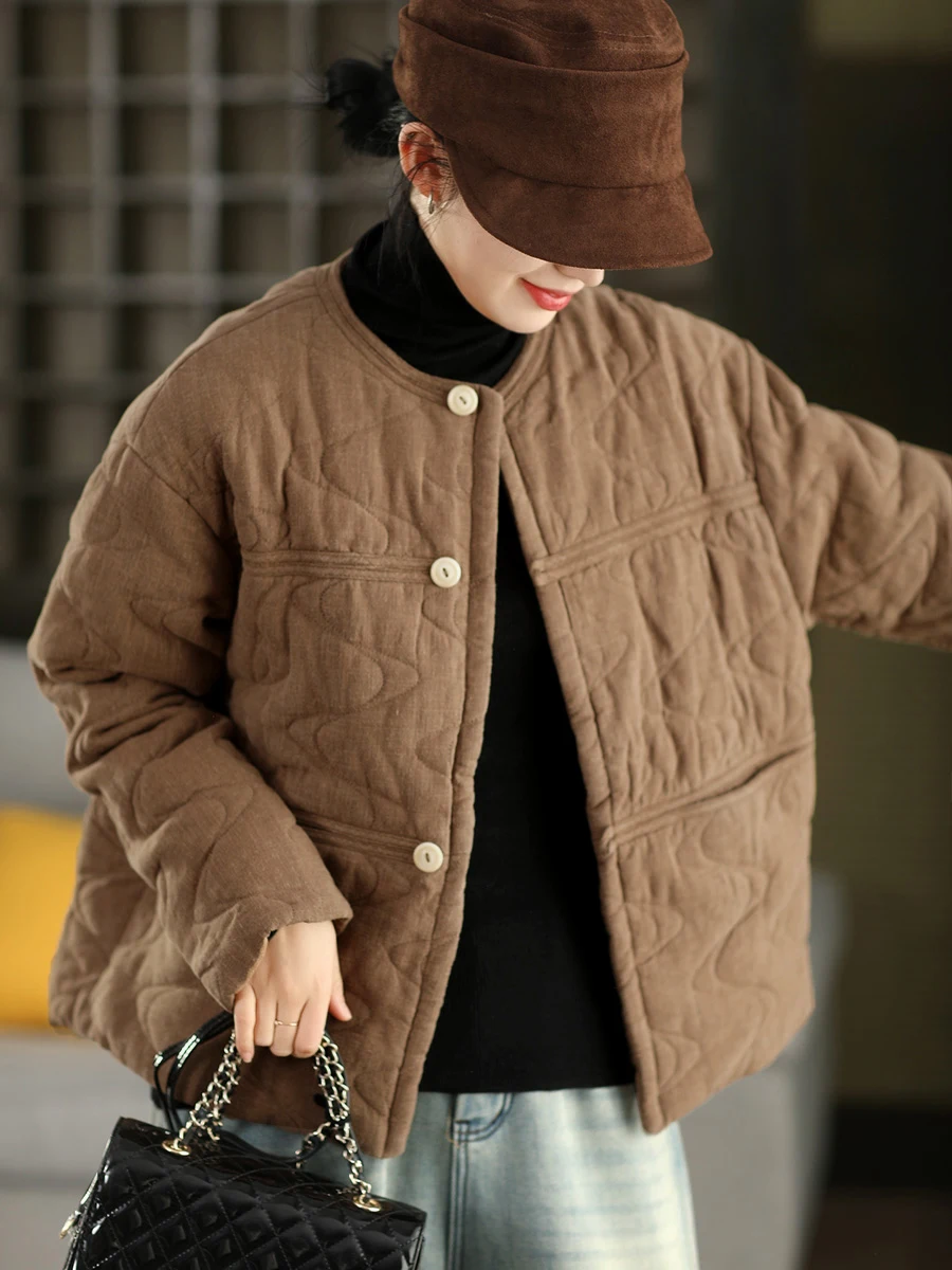 

Утепленная хлопковая куртка-жакет женская в стиле ретро, зимнее пальто из льняного хлопка, стеганое, на пуговицах, теплое, повседневное, с круглым вырезом