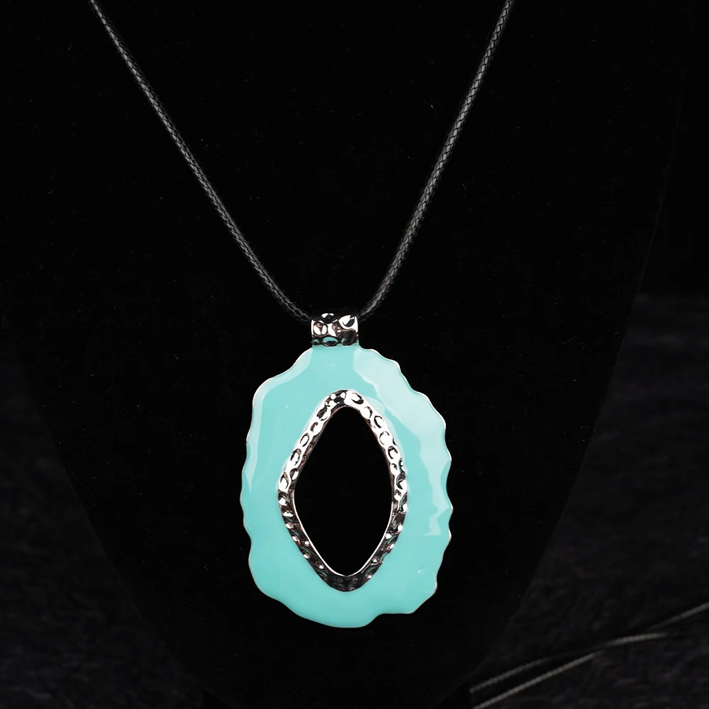 

Sweater Necklace Big Metal Platinum Plated Blue Hollow Pendant Vintage Wax Rope Black Adjustable Choker For Women Neck Jewelry