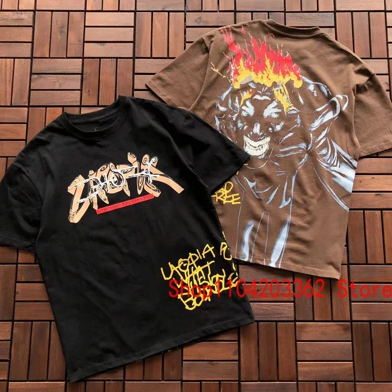 Men's High Street Trend CACTUS JACK T-shirt Classic Graffiti Roaring Werewolf Print Cotton T-shirt Hip Hop UTOPIA Short Sleeve