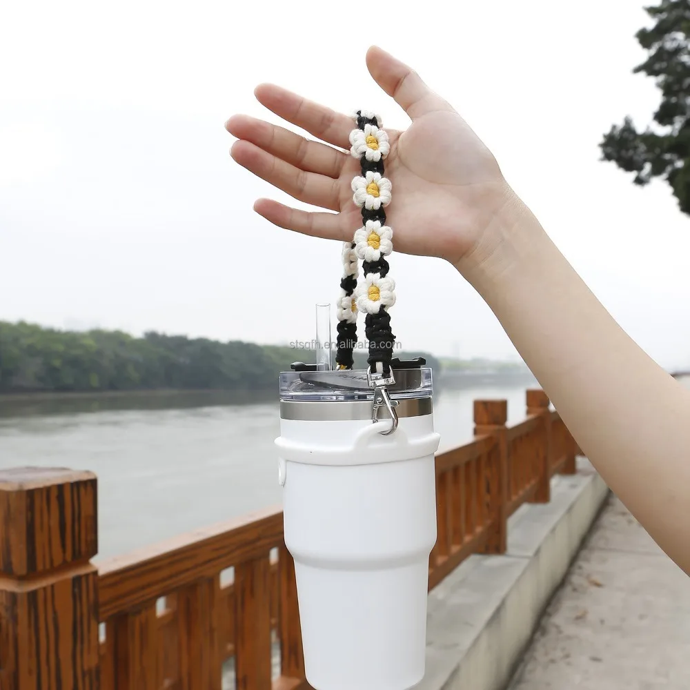 Handmade Macrame Daisy Drink Carrier with Adjustable Hand Strap Coffee Cup Sleeve Reusable Caddy for Boba Tumbler