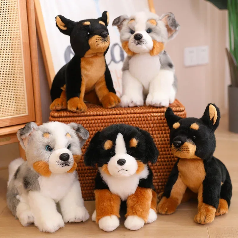 Lifelike Real Soft Brenese Mountain Dog Doberman Pinscher Doggy Sitting Cute Kawaii Pet Plush Toy Boys Girls Appeasing Kids Gift