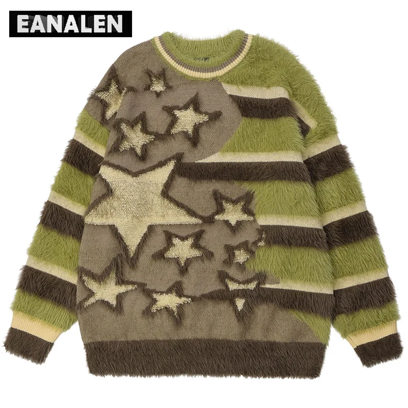 Harajuku Plush Striped Sweater Men\'s Winter Jumper Knitted Pullover Vintage Casual Stars Graphic Grandpa Ugly Sweater Women Y2K