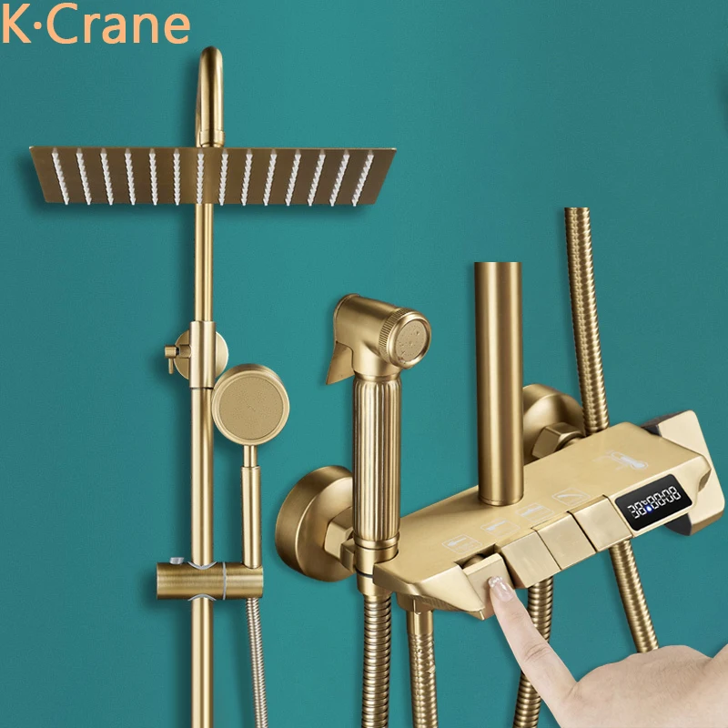 LED Digital Shower Faucet Bathroom Hot Cold Mixer Thermostatic Shower System Bathtub Wall Mount Brush Gold SPA Rainfall Bath Set