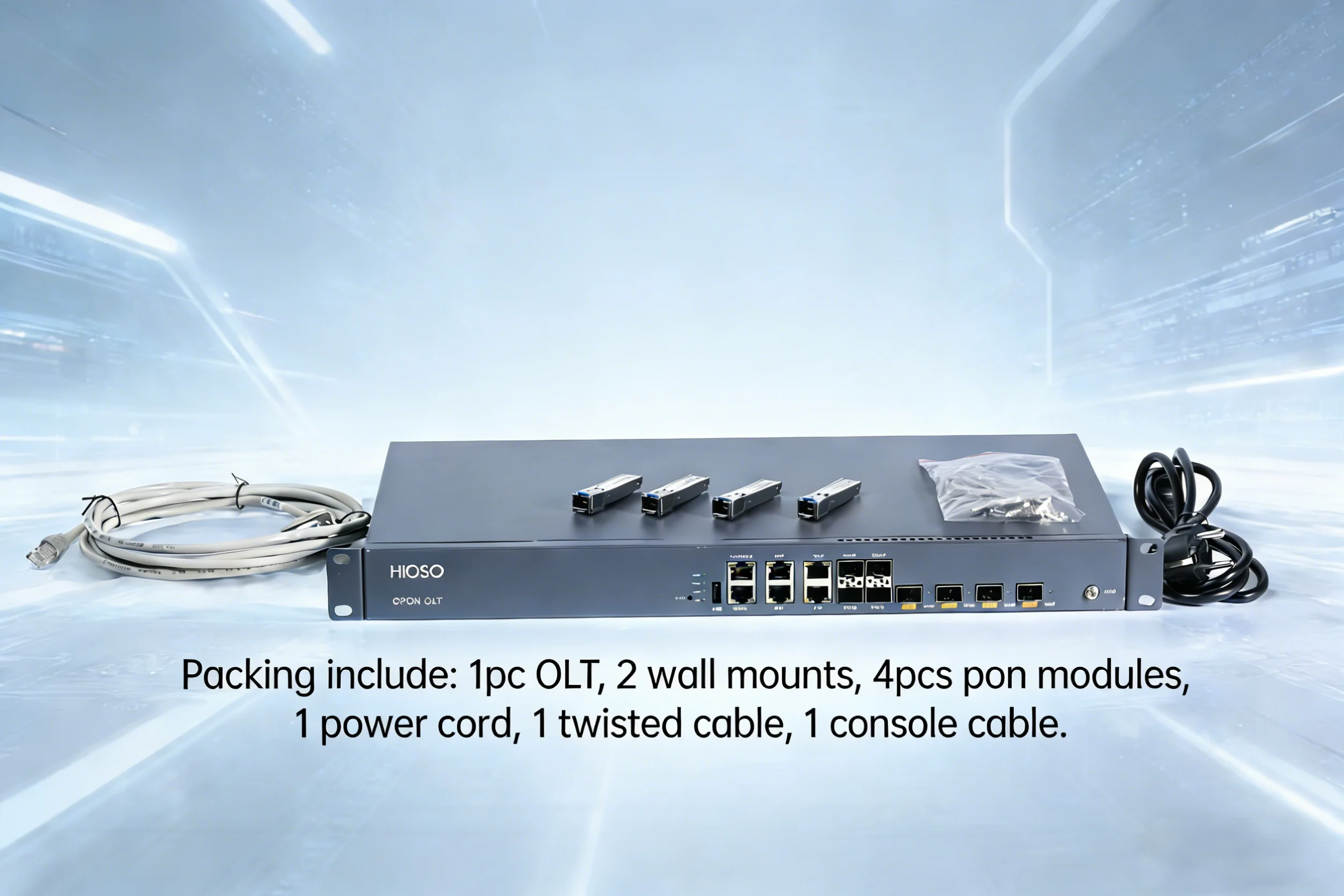 Hioso 4port GPON OLT 4PON 1:128 Full Load 512 Compatibility with GPON XPON ONU ONT WEB SNMP CLI English FTTX FTTH 1AC 9db 10db