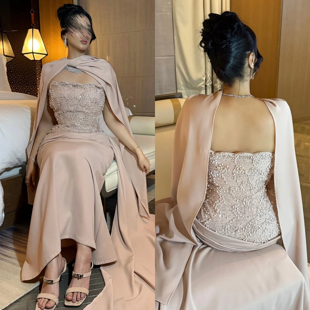 

Customized Intricate Matching Jersey Draped Pearl Beading Sequined Mermaid Strapless Long Dresses Bespoke Occasion Dresses Sexy