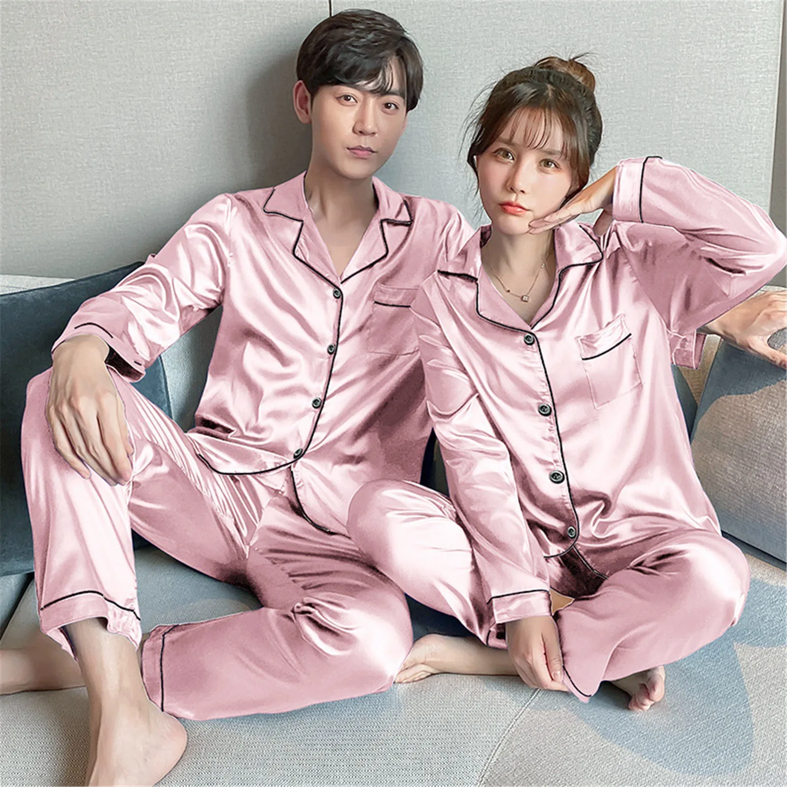 

Couple Pajama Sets For Mens Pyjama Loungewear Long Sleeve Sleep Plus Size Pj Trousers Satin Pajamas Sleepwear Lover Silk Pijamas