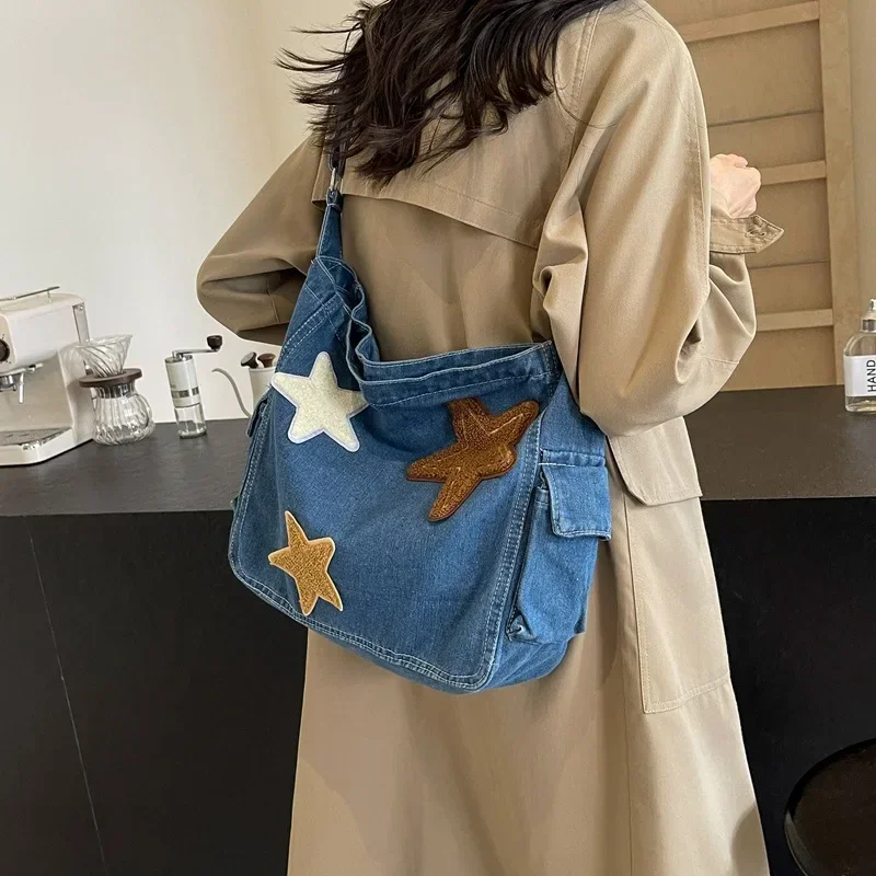 Denim Messenger Bag Female Star Pendant Washed Premium Large-capacity Shoulder Bag Lazy Wind Student Commuter Women\'s Bag