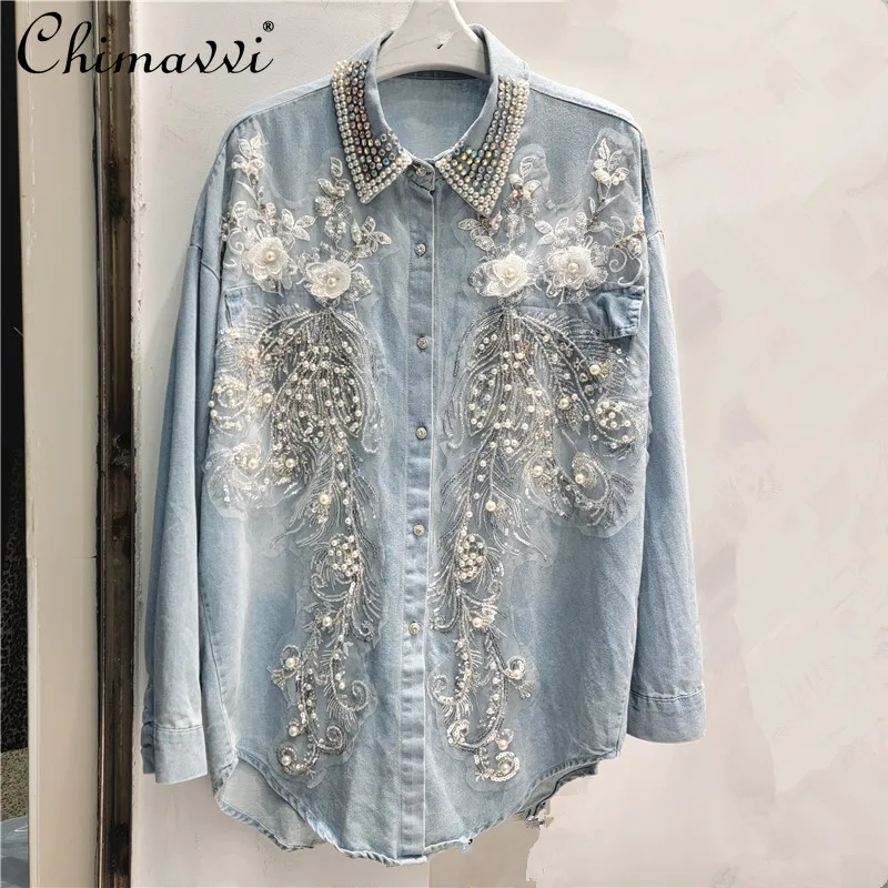 European Goods Heavy Beaded Sequined Lapel Denim Shirt Spring and Autumn New Fashion Loose Long-sleeved Casual Blouse Tops