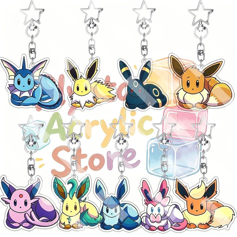 Q Version Eeveelution Lying Pose Anime Acrylic Keychain Cartoon Cute Leafeon Sylveon Vaporeon Espeon Glaceon Bag Pendant Decor