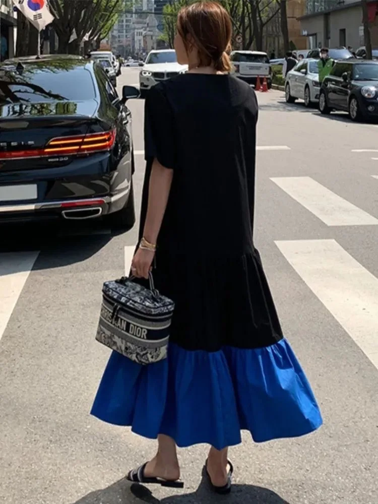 plus Size T-Shirt Dress Summer Loose Belly Covering Slimming Casual Fish Tail Long Skirt Square Collar Ruffle Hem Korean Style