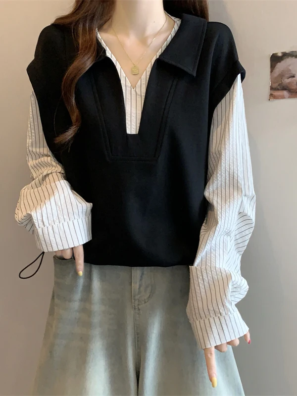 Striped Shirt Design Short Pullover Hoodie Women's Spring Autumn plus Size Drawstring Top Korean Style V-neck Commute Wind