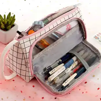 Multi Layer Stationary Pen Storage Bag Case Pen Pencil Bag Large Capacity Cosmetic Travel Storage Bag Simple Plaid Pencil Case