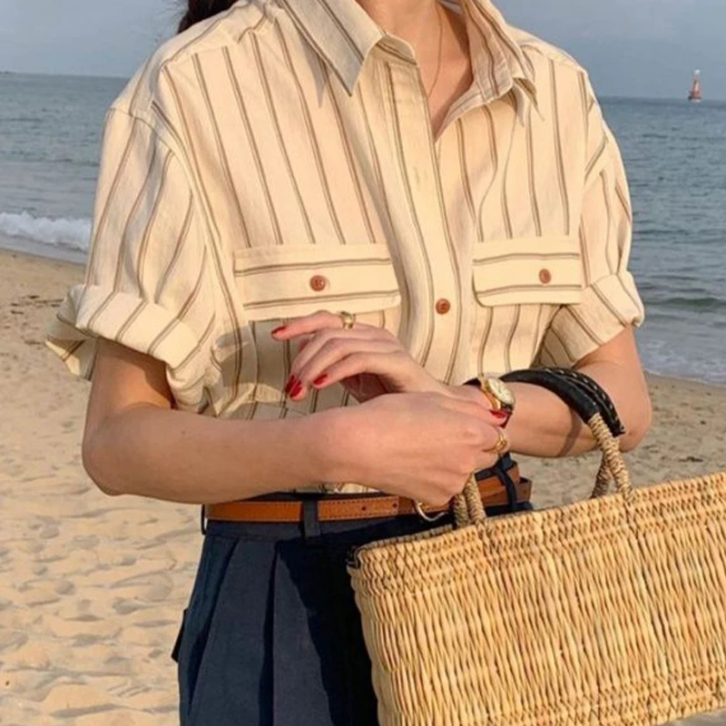 Summer Woman Clothes French Romantic Fashion Style Striped Pocket Casual Office Lady Preppy Style Short Sleeve Shirt Temperament