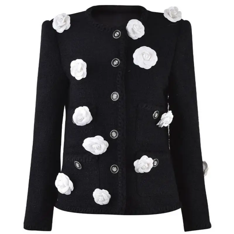 3D Flower Tweed Woven Black Jacket Women 2024 New Spring Camellia High-End Brand Round Neck Slim Long Sleeve Blazer Coats