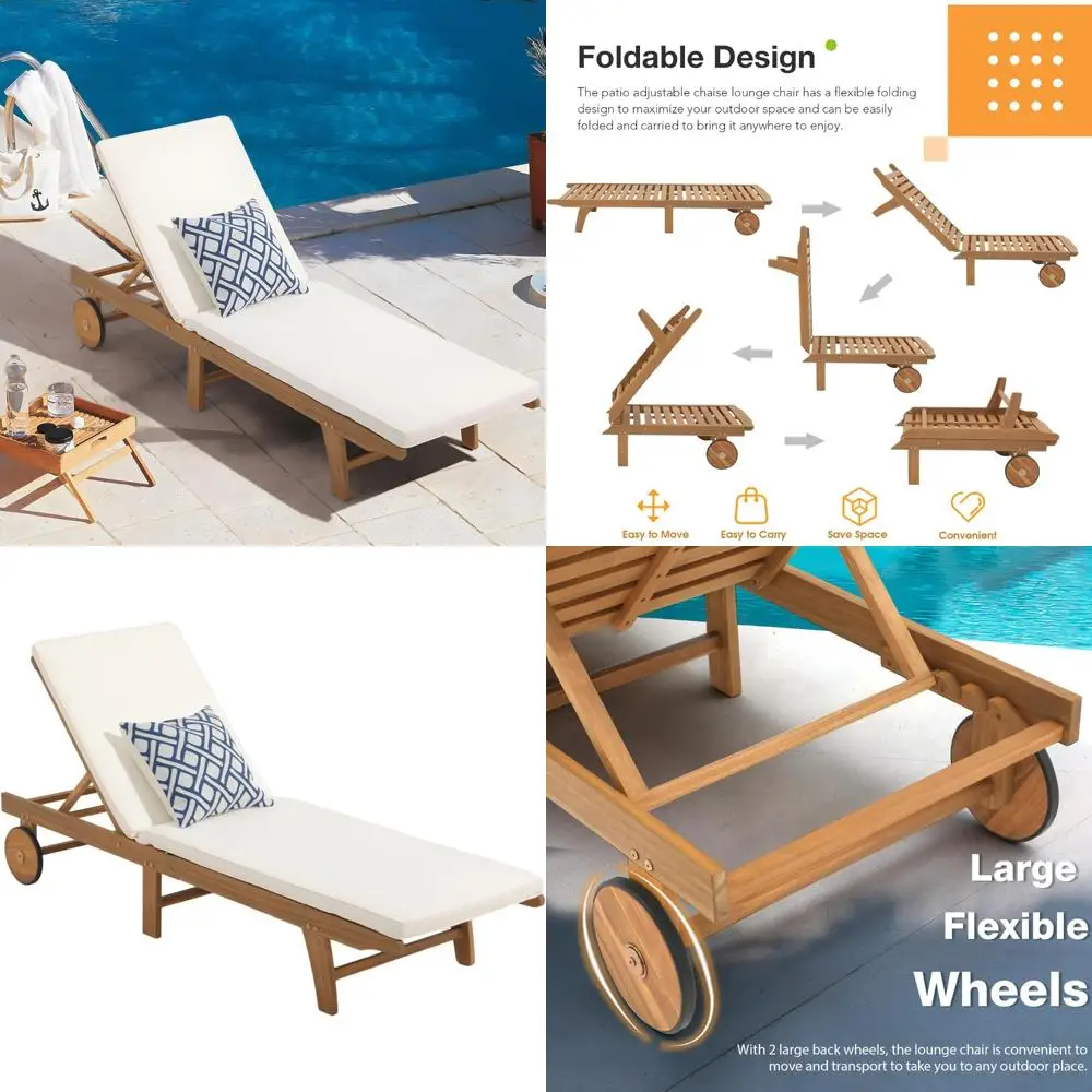Acacia Wood Outdoor Folding Chaise Lounge Chair with Padded Cushion, Adjustable Backrest, Wheels, and Recliner Feature