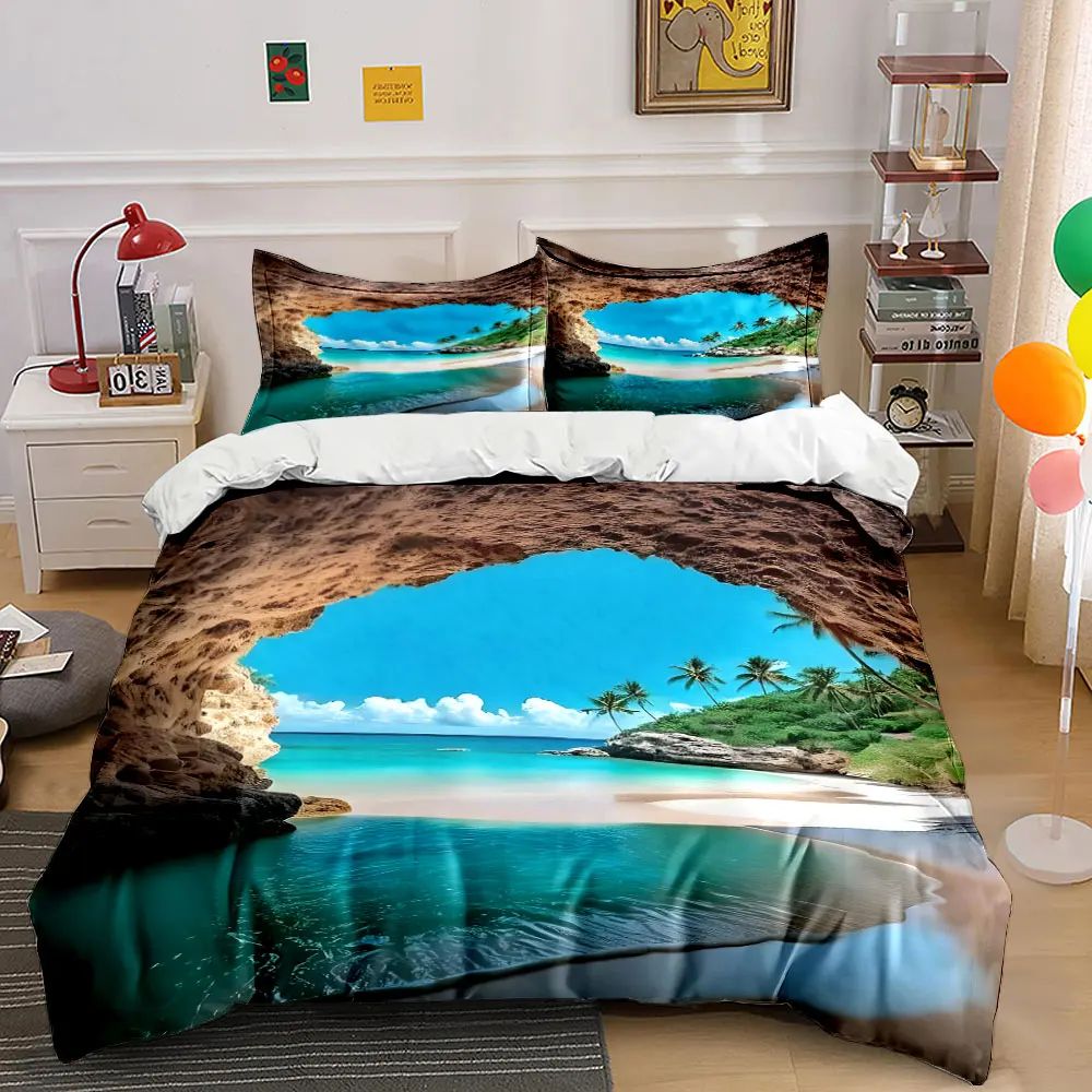 Cave View of Beach and Palms Print Soft Comfortable Duvet Cover Bedding Set Included 1*Duvet Cover 2*Pillowcases Luxury gifts